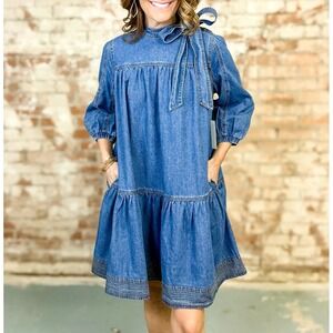FATE Women's SIDE-TIE BOW Puff Sleeves PLEAED Side Pockets RUFFLE Denim Dress L